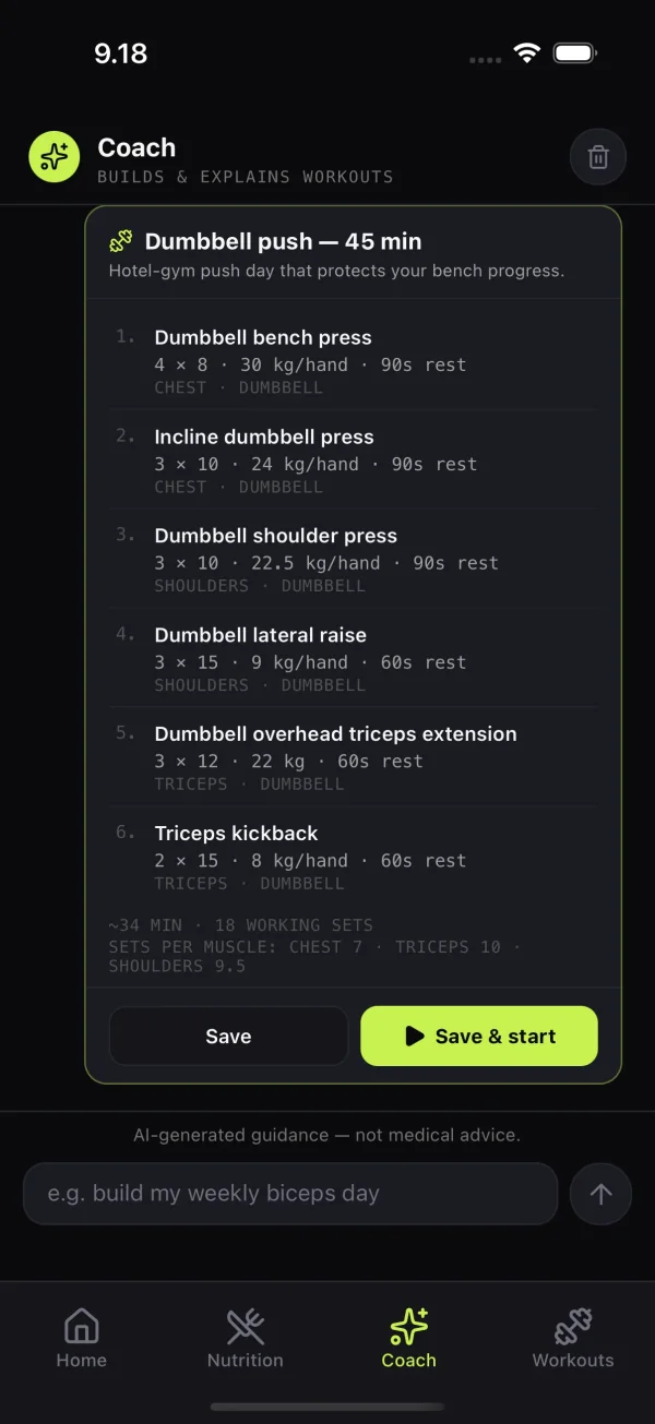 Coach chat proposing a 45-minute dumbbell push workout with a Save and start button