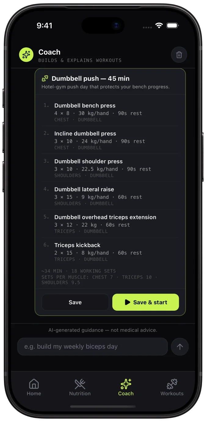 Coach chat proposing a 45-minute dumbbell push workout with a Save and start button
