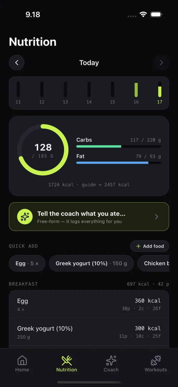 Nutrition screen with protein progress toward a daily target and today's logged foods