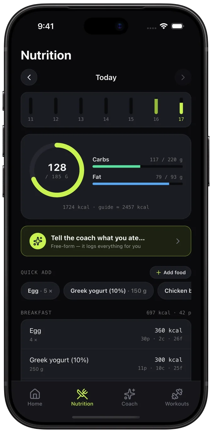 Nutrition screen with protein progress toward a daily target and today's logged foods
