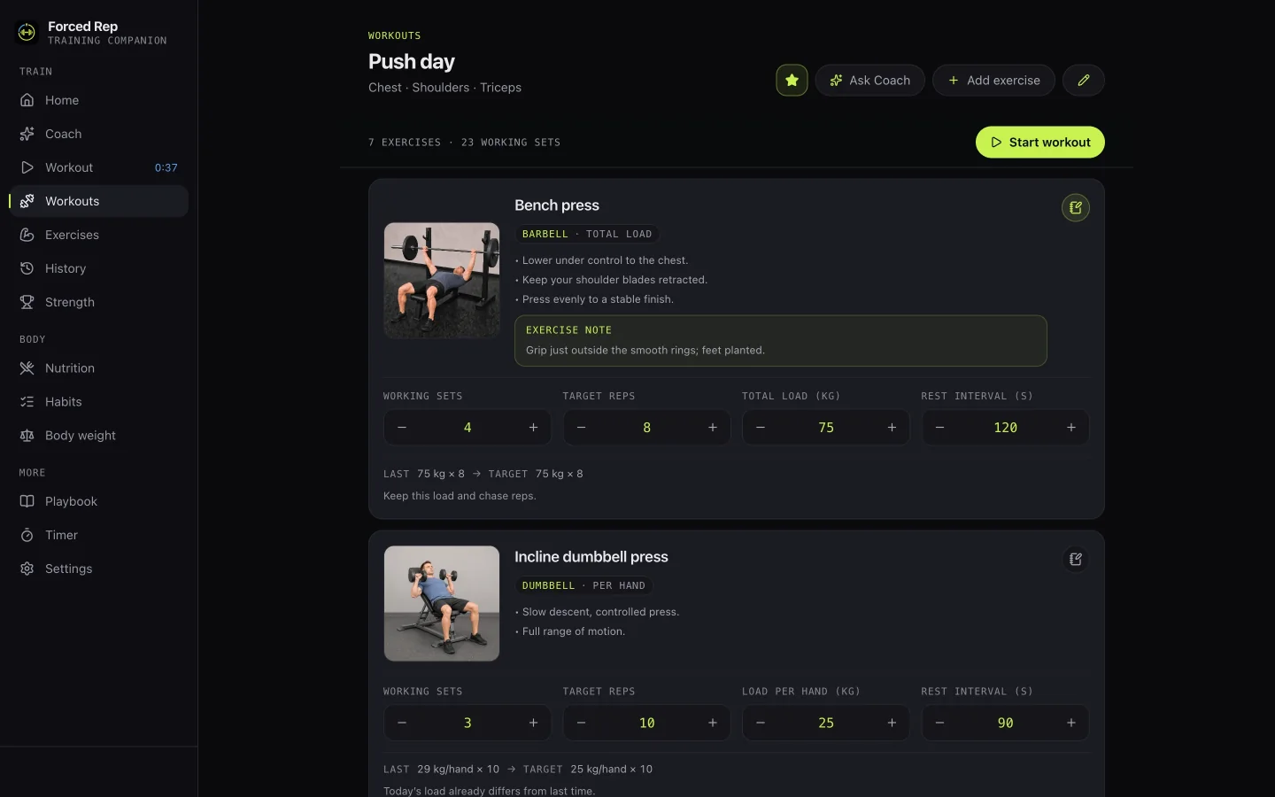 The Forced Rep web workout builder with exercises, sets, reps, load and rest per exercise