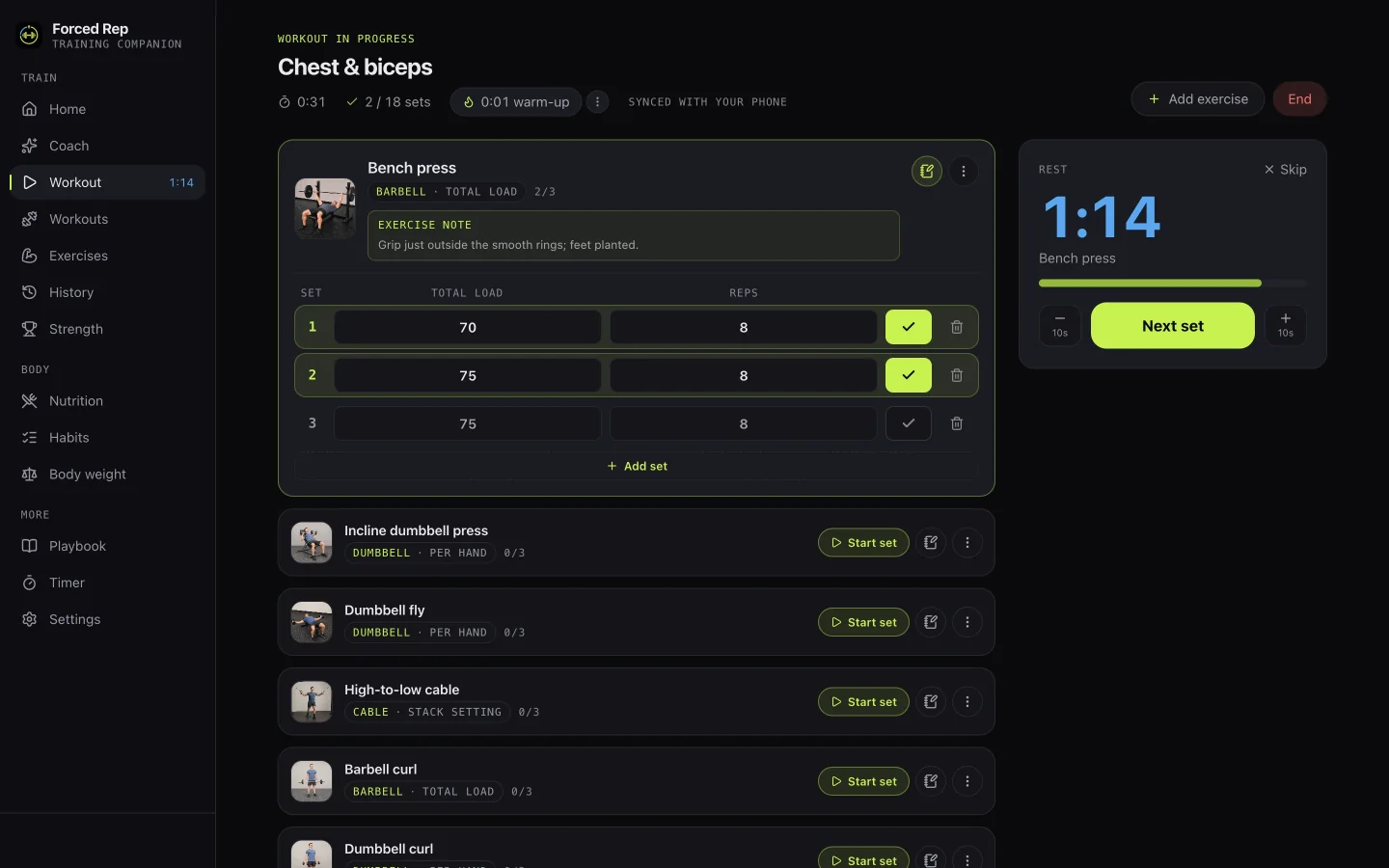 The same workout mirrored in the web app, with the rest card beside the set list